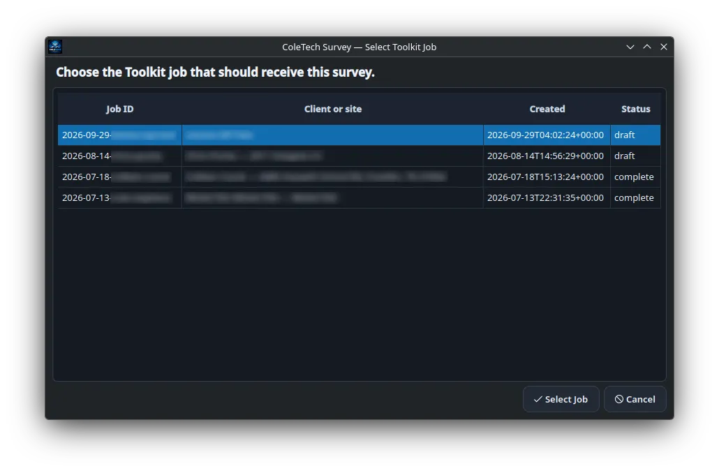 ColeTech Survey Toolkit job selector showing sanitized test jobs available for receiving a completed survey package.