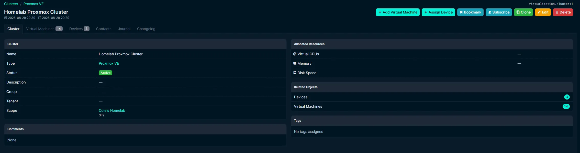 NetBox Proxmox cluster page showing a three-node homelab cluster with associated virtual machines.
