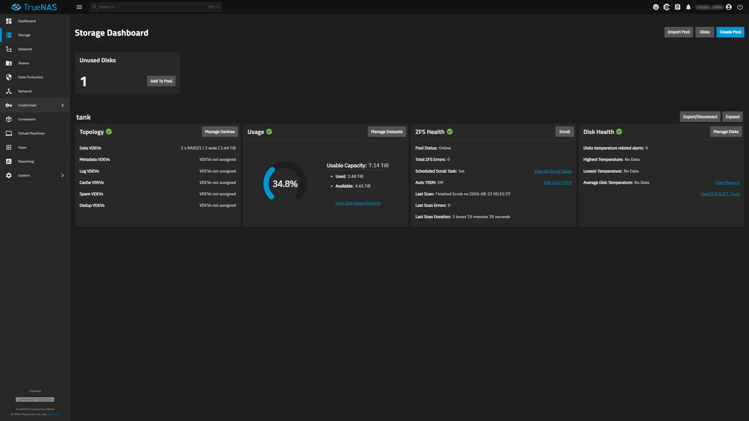 TrueNAS storage dashboard showing a healthy three-disk RAIDZ1 ZFS pool, storage utilization, scrub status, and disk health.